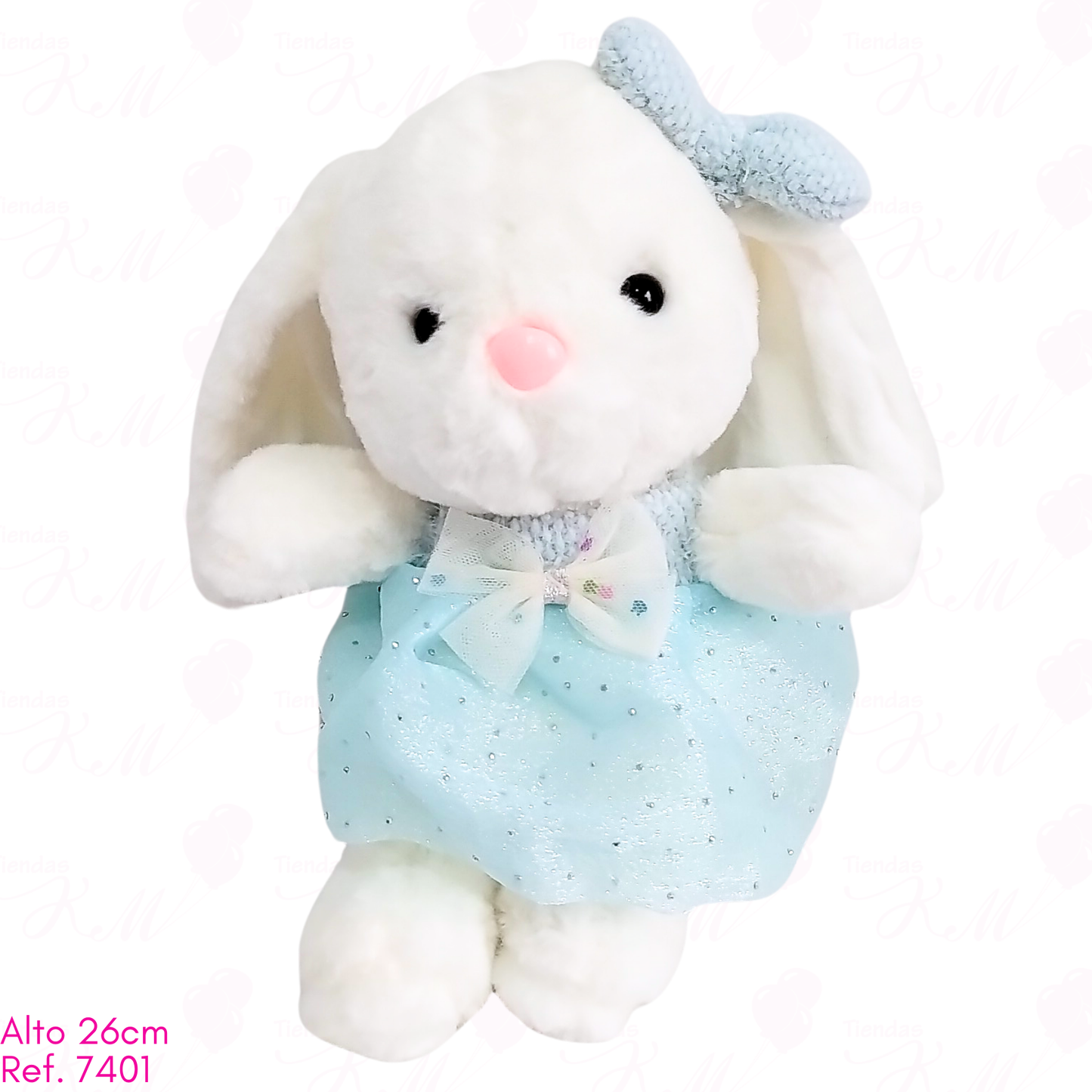 Coneja blanca con vestido y 2 moños / 26cm