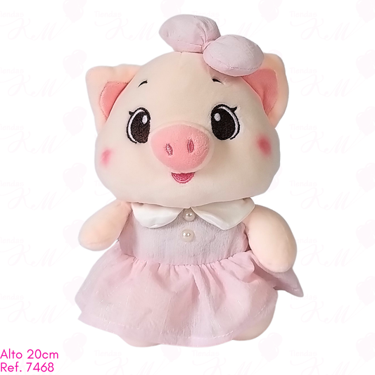 Cerdita con vestido de botones blancos y moño en la cabeza / 20cm