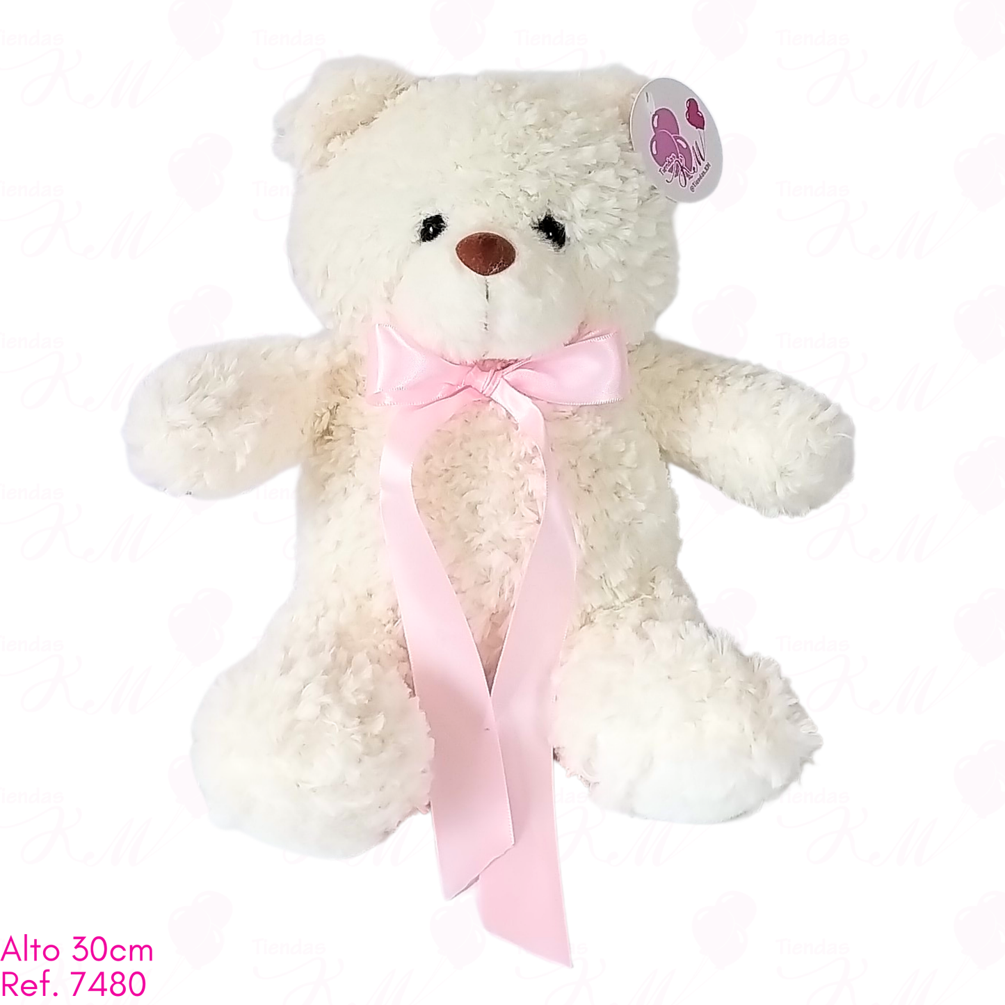 Oso crespo con moño en satín rosado largo / 30cm