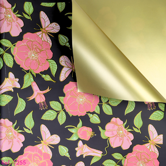 Papel coreano flores de colores con 1 cara dorado x 20 pliegos