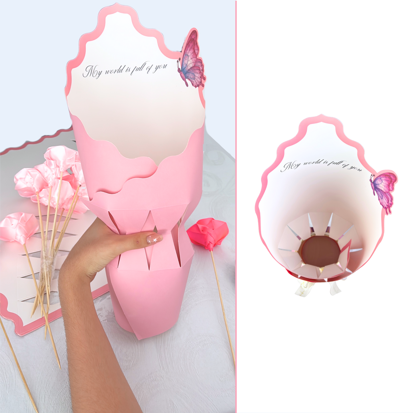 Envoltura armable para flores con mariposa y borde de color