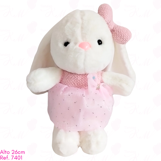 Coneja blanca con vestido y 2 moños / 26cm