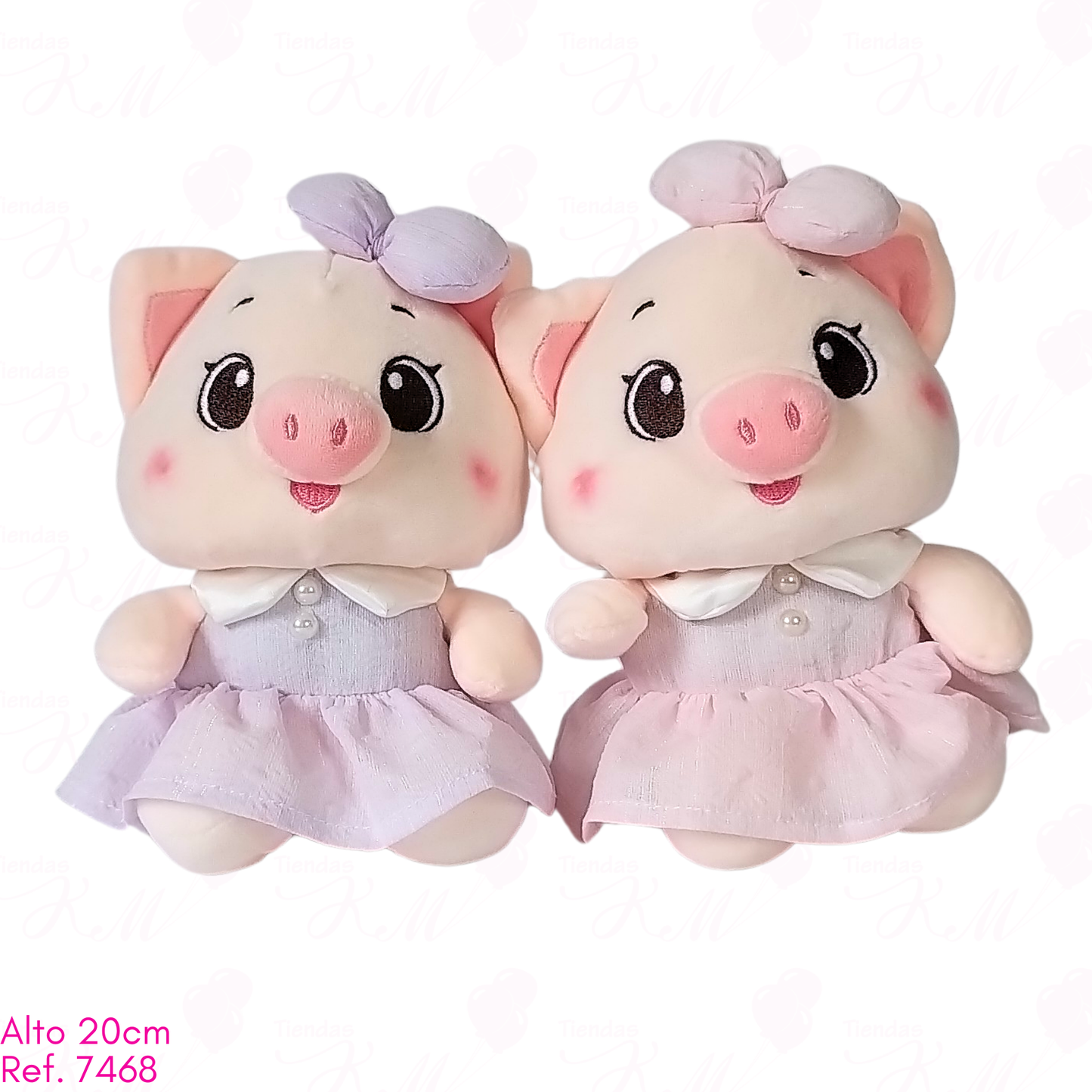 Cerdita con vestido de botones blancos y moño en la cabeza / 20cm