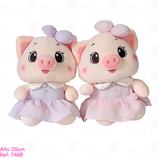 Cerdita con vestido de botones blancos y moño en la cabeza / 20cm