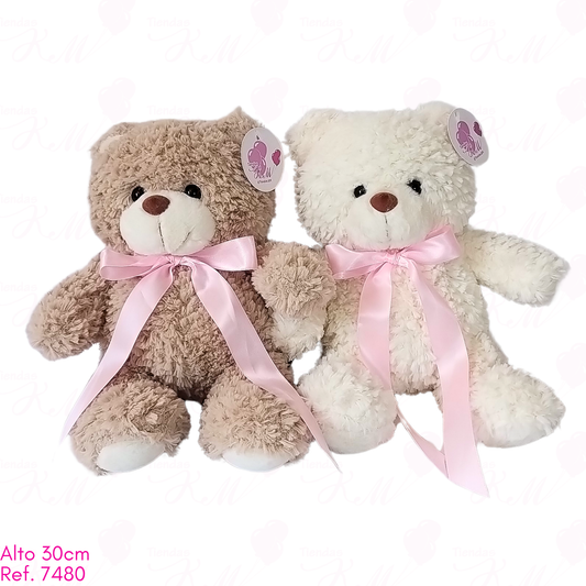 Oso crespo con moño en satín rosado largo / 30cm