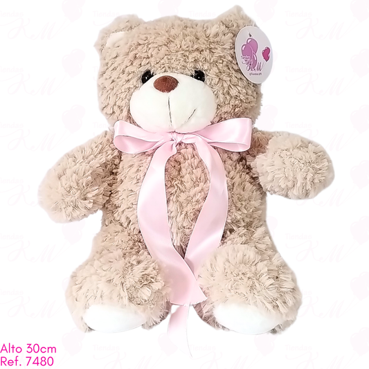 Oso crespo con moño en satín rosado largo / 30cm