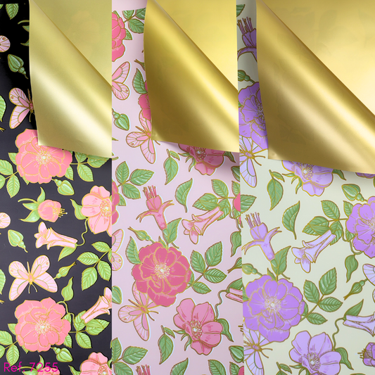 Papel coreano flores de colores con 1 cara dorado x 20 pliegos