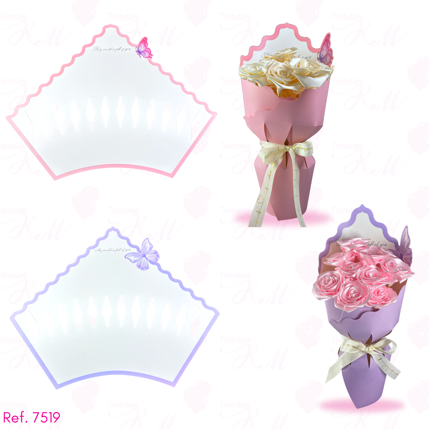 Envoltura armable para flores con mariposa y borde de color