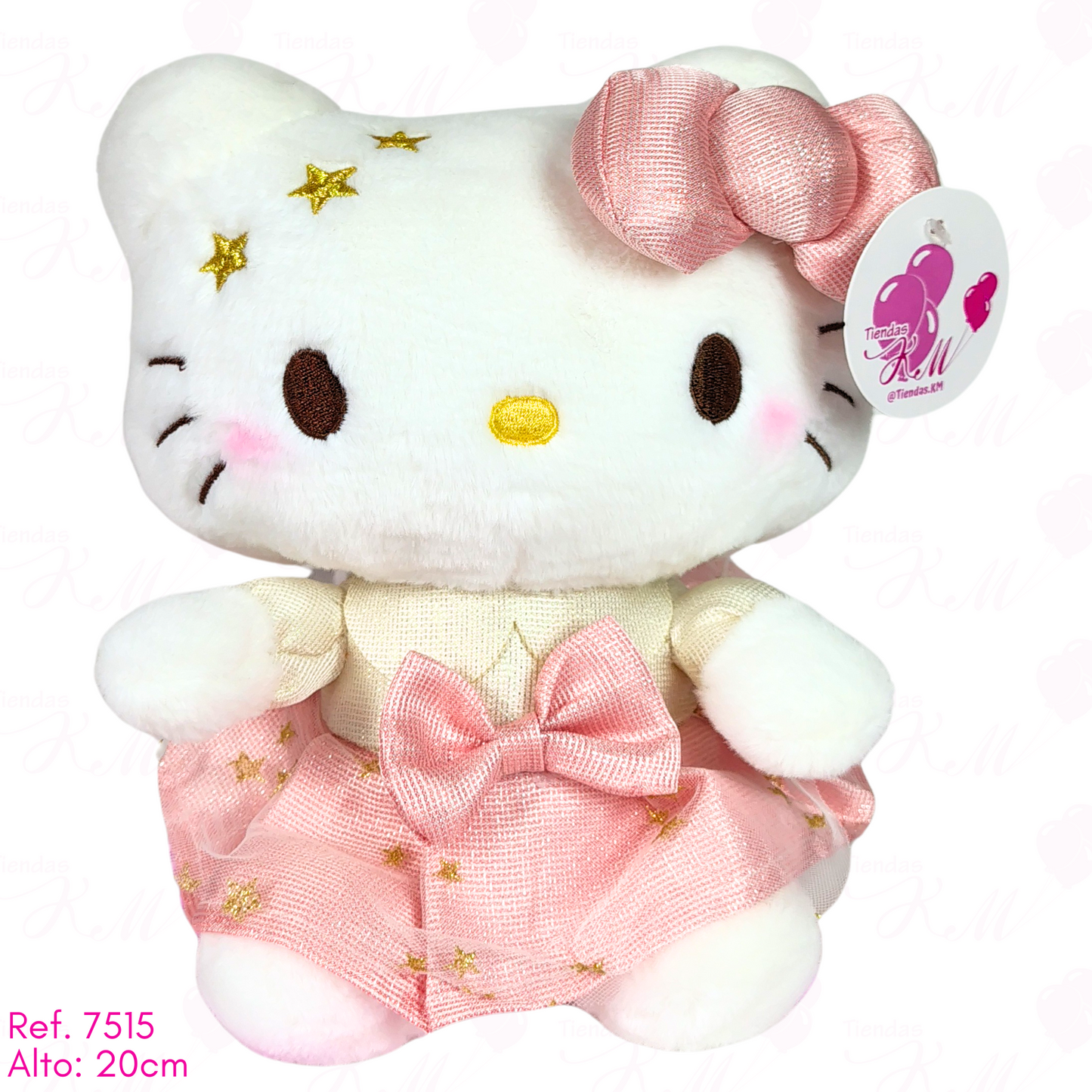 Hello kitty con 3 estrellas, moño y vestido oro rosa / 20cm