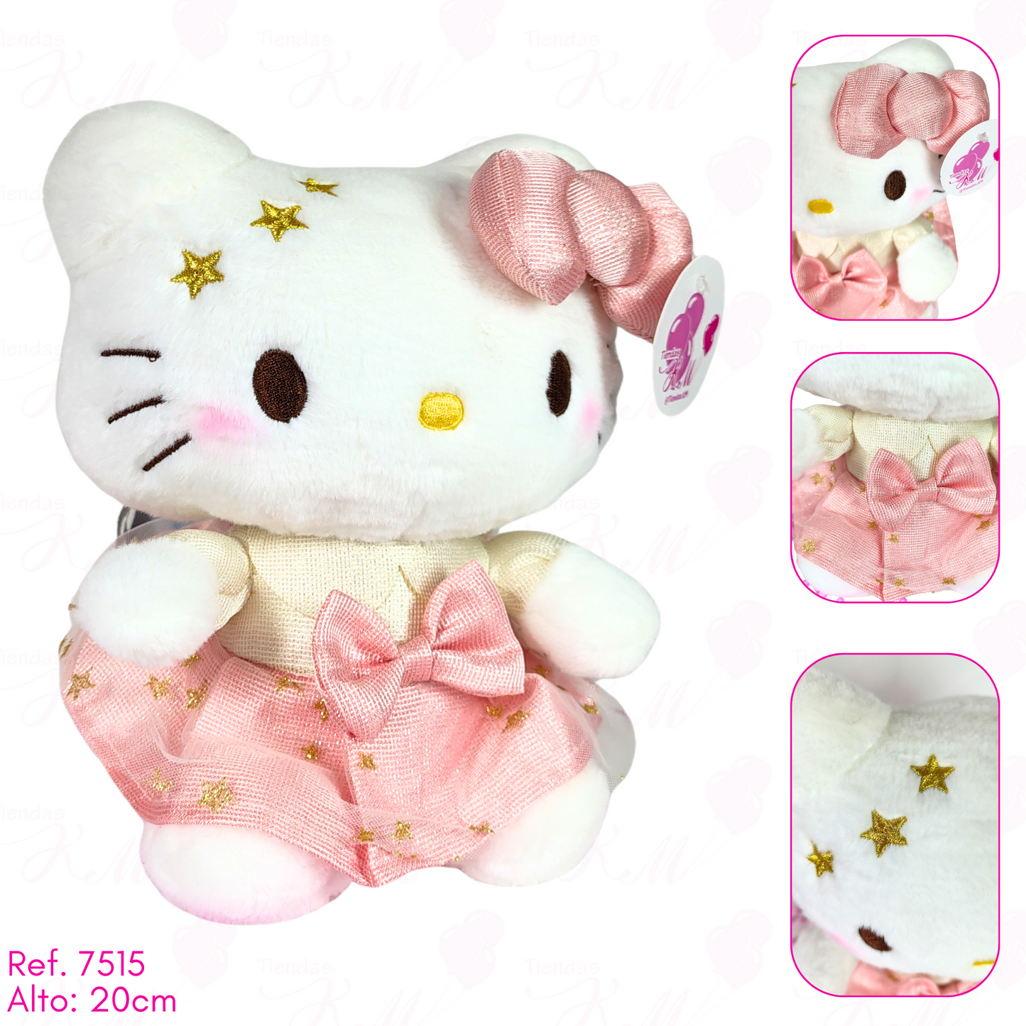 Hello kitty con 3 estrellas, moño y vestido oro rosa / 20cm
