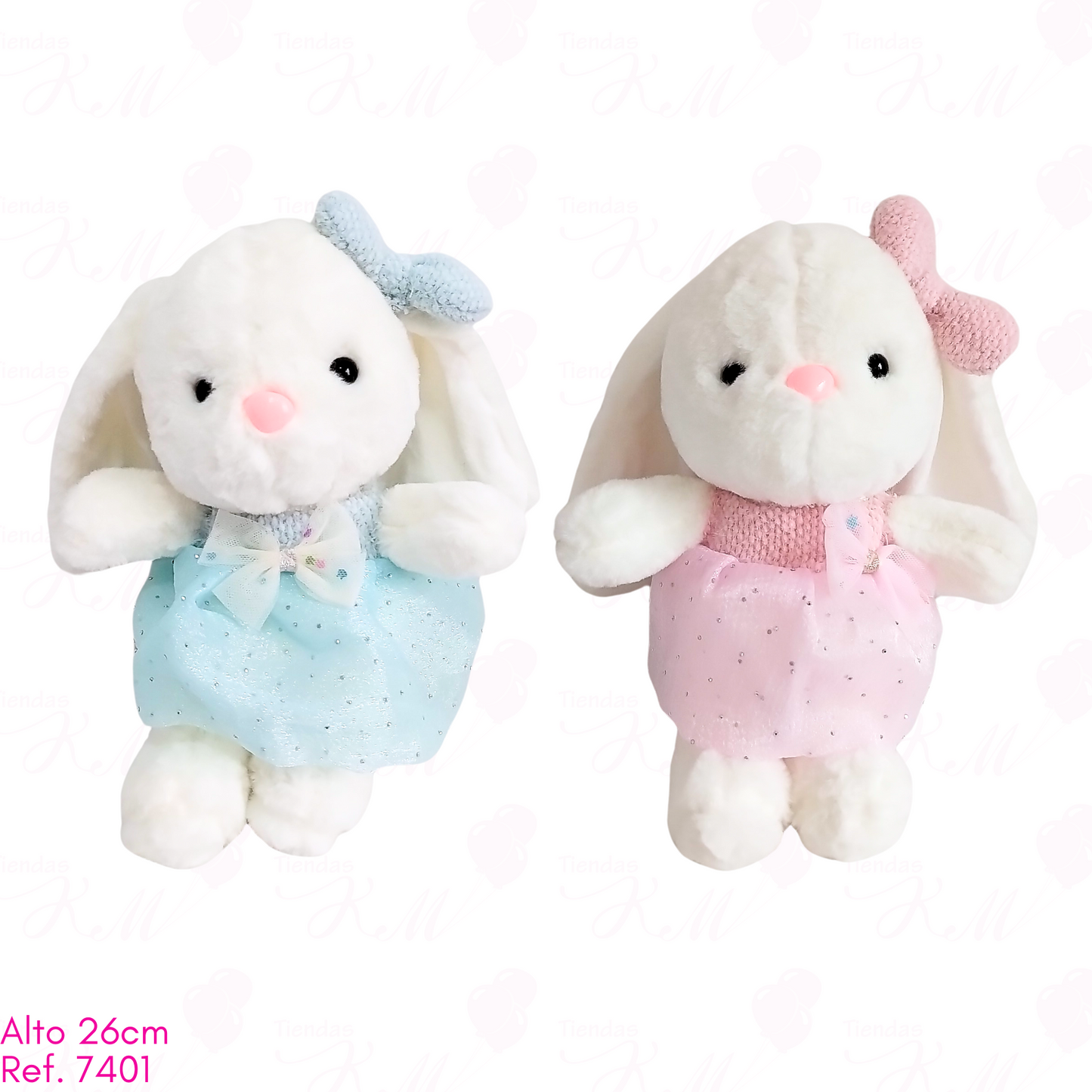 Coneja blanca con vestido y 2 moños / 26cm