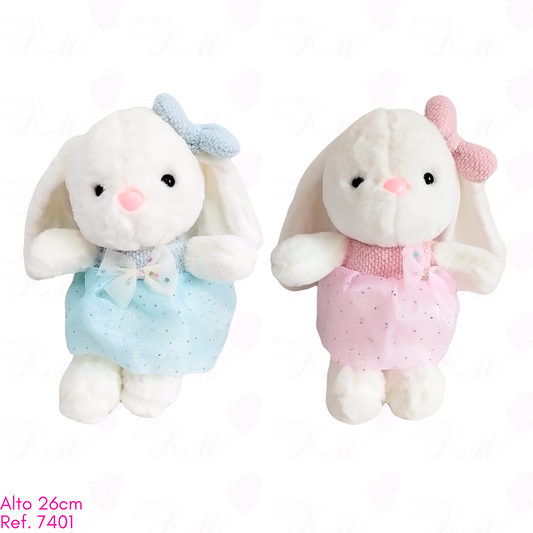 Coneja blanca con vestido y 2 moños / 26cm